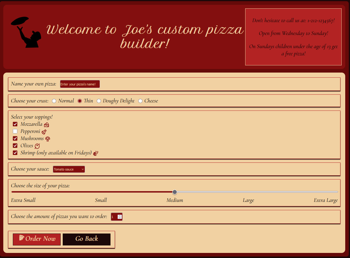 Screenshot of Pizza Website